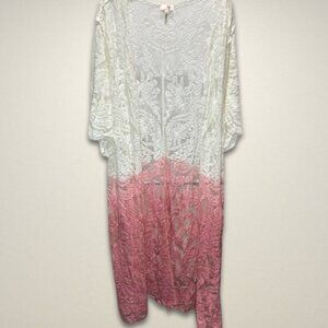 Lace Kimono Duster White Pink‎ Ombre Open Front Bohemian Festival Cover Up